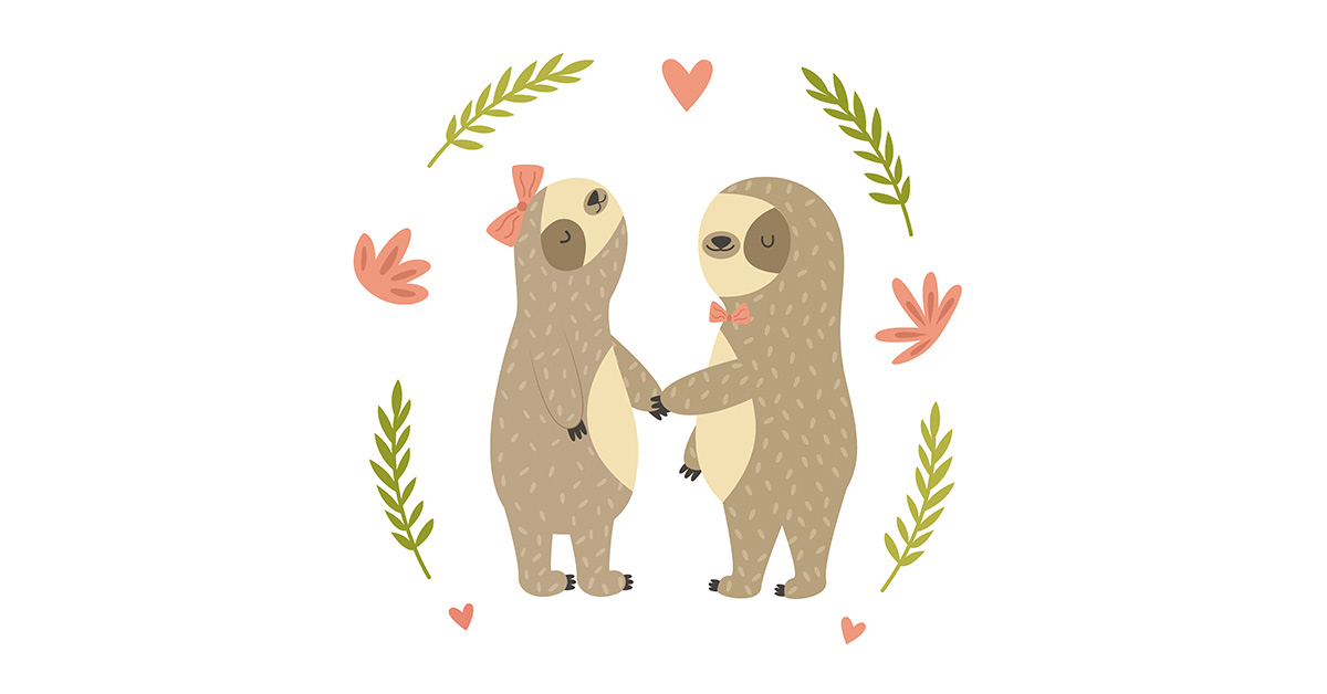 Two sloths holding hands with hearts and leaves surrounding them
