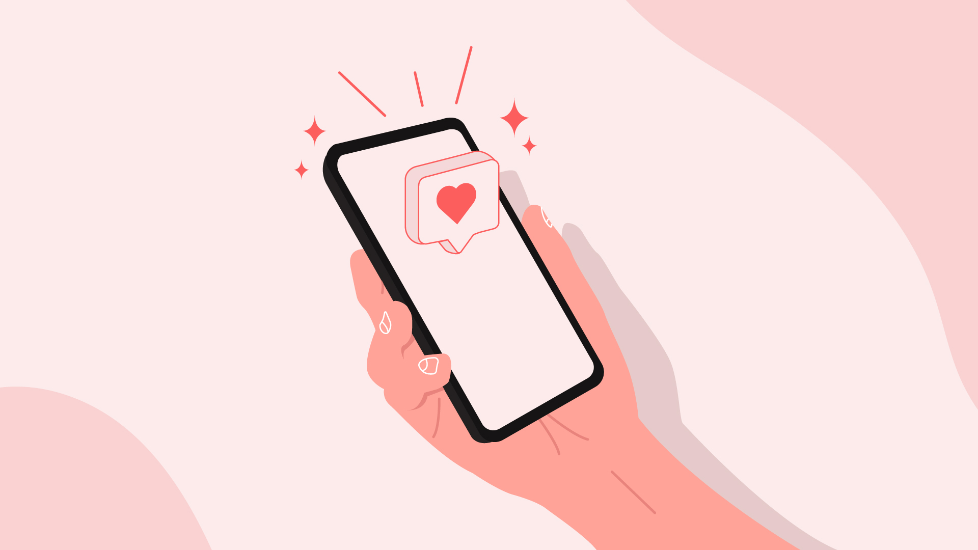 Cartoon hand holding a mobile phone with a blank screen and a chat bubble with a love heart coming out of the screen.